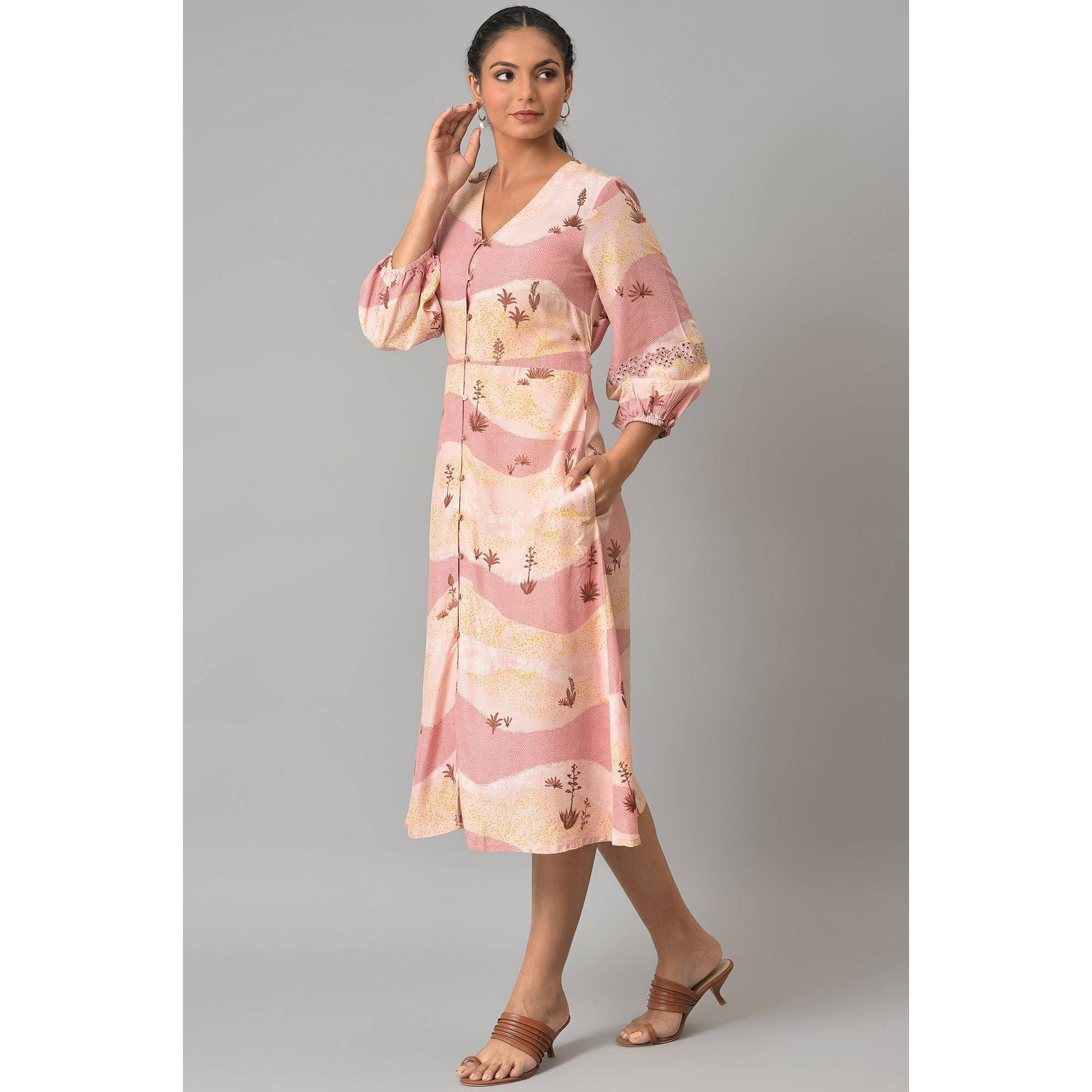 W For Woman Coral Printed Flared Western Dress_22Auw17836-118438_S_8