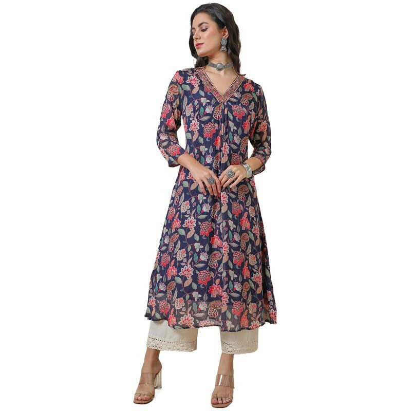 Soch Womens Navy Blue Chinon Botanical Print A Line Kurta