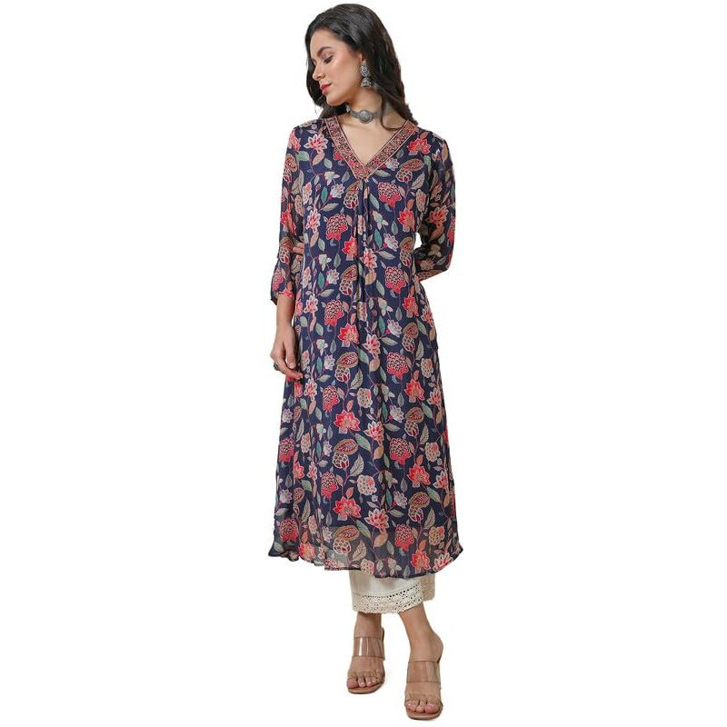 Soch Womens Navy Blue Chinon Botanical Print A Line Kurta