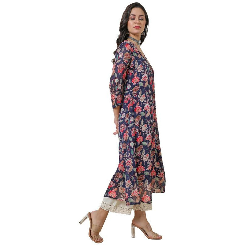 Soch Womens Navy Blue Chinon Botanical Print A Line Kurta