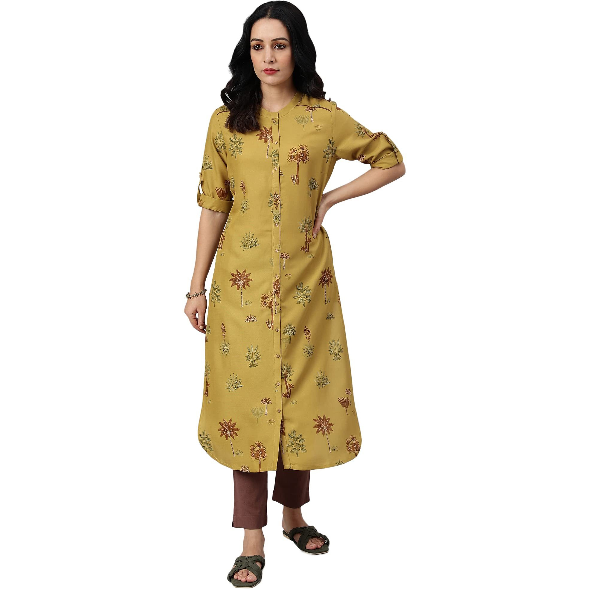 W For Woman Mustard Rayon Printed Button Down Kurta