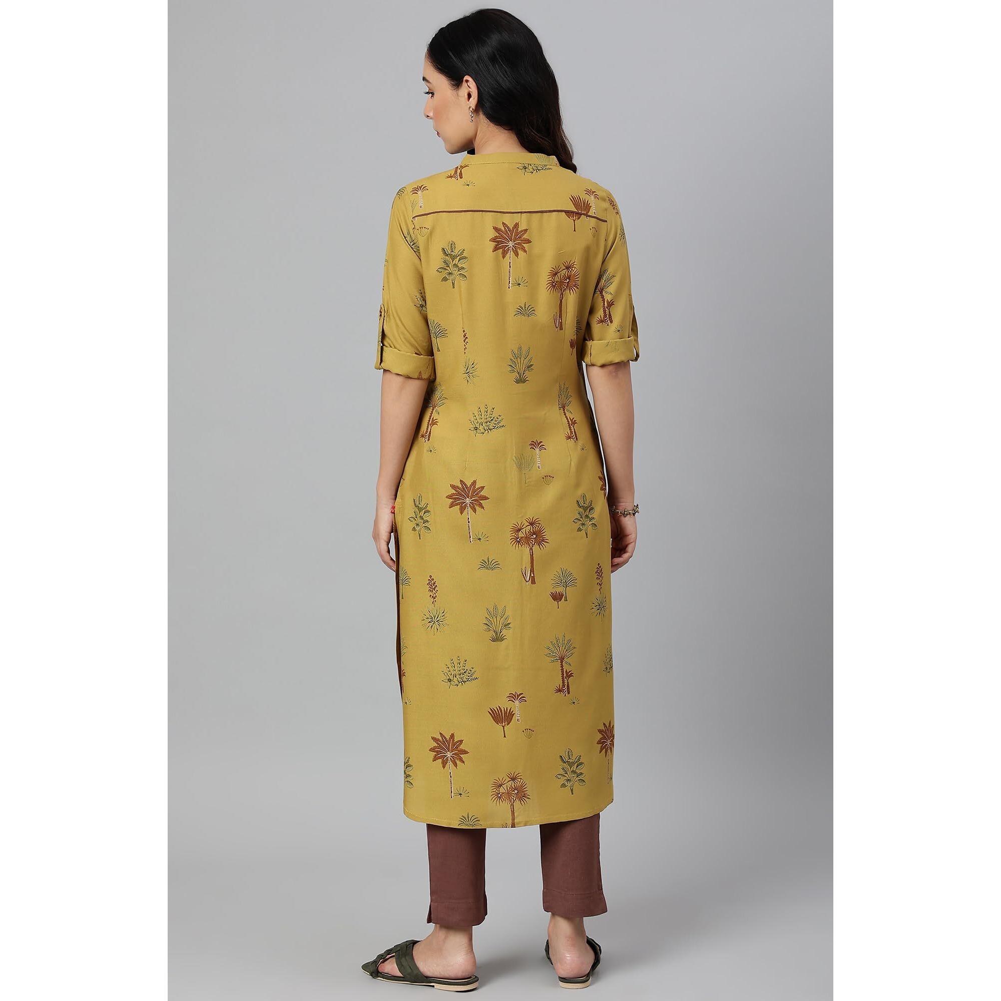 W For Woman Mustard Rayon Printed Button Down Kurta