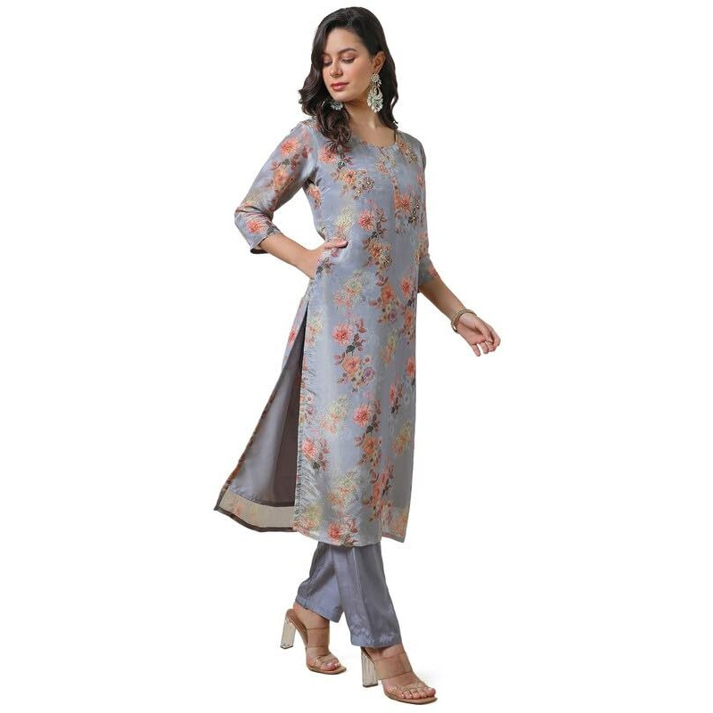Soch Womens Blue Tissue Floral Print Kurta Set