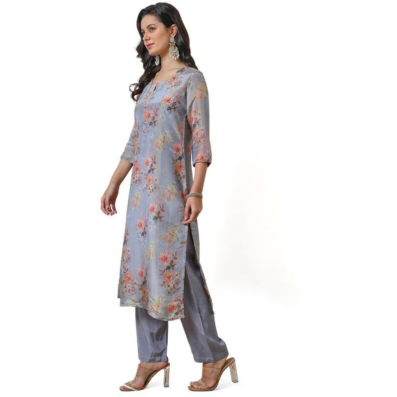 Soch Womens Blue Tissue Floral Print Kurta Set