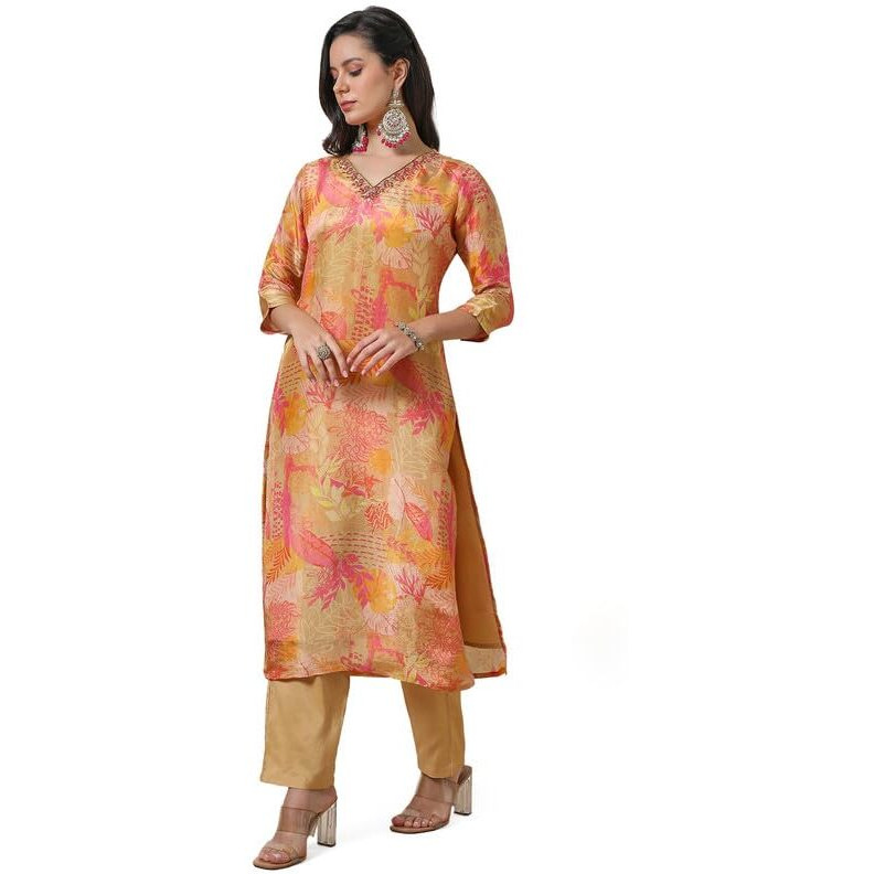 Soch Womens Light Gold Tissue Botanical Print Kurta Set With Cutdana