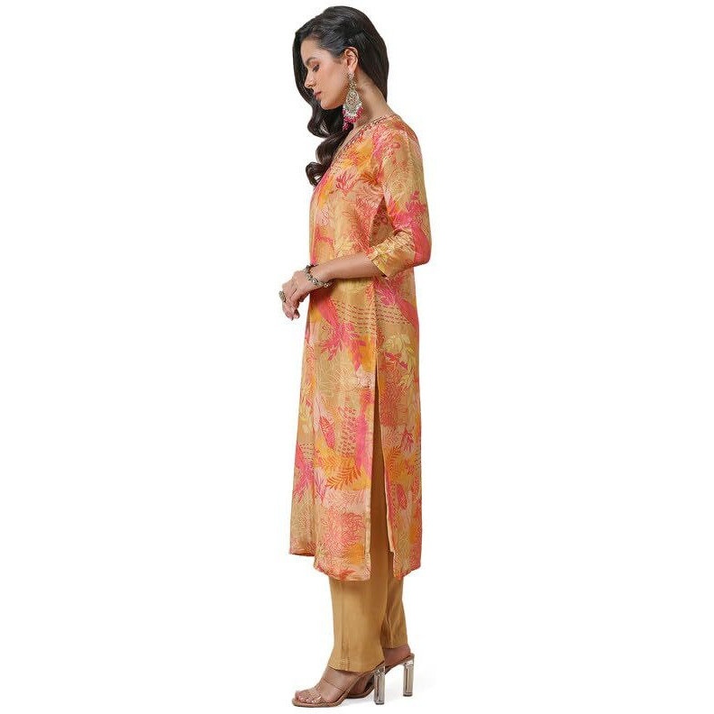Soch Womens Light Gold Tissue Botanical Print Kurta Set With Cutdana