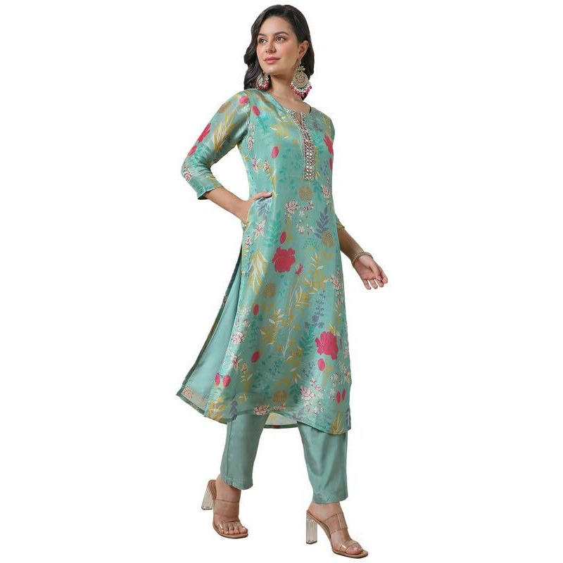 Soch Womens Turquoise Blue Botanical Print Tissue Kurta Set