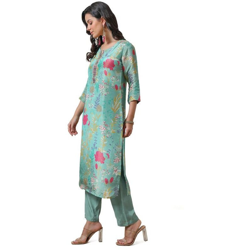 Soch Womens Turquoise Blue Botanical Print Tissue Kurta Set