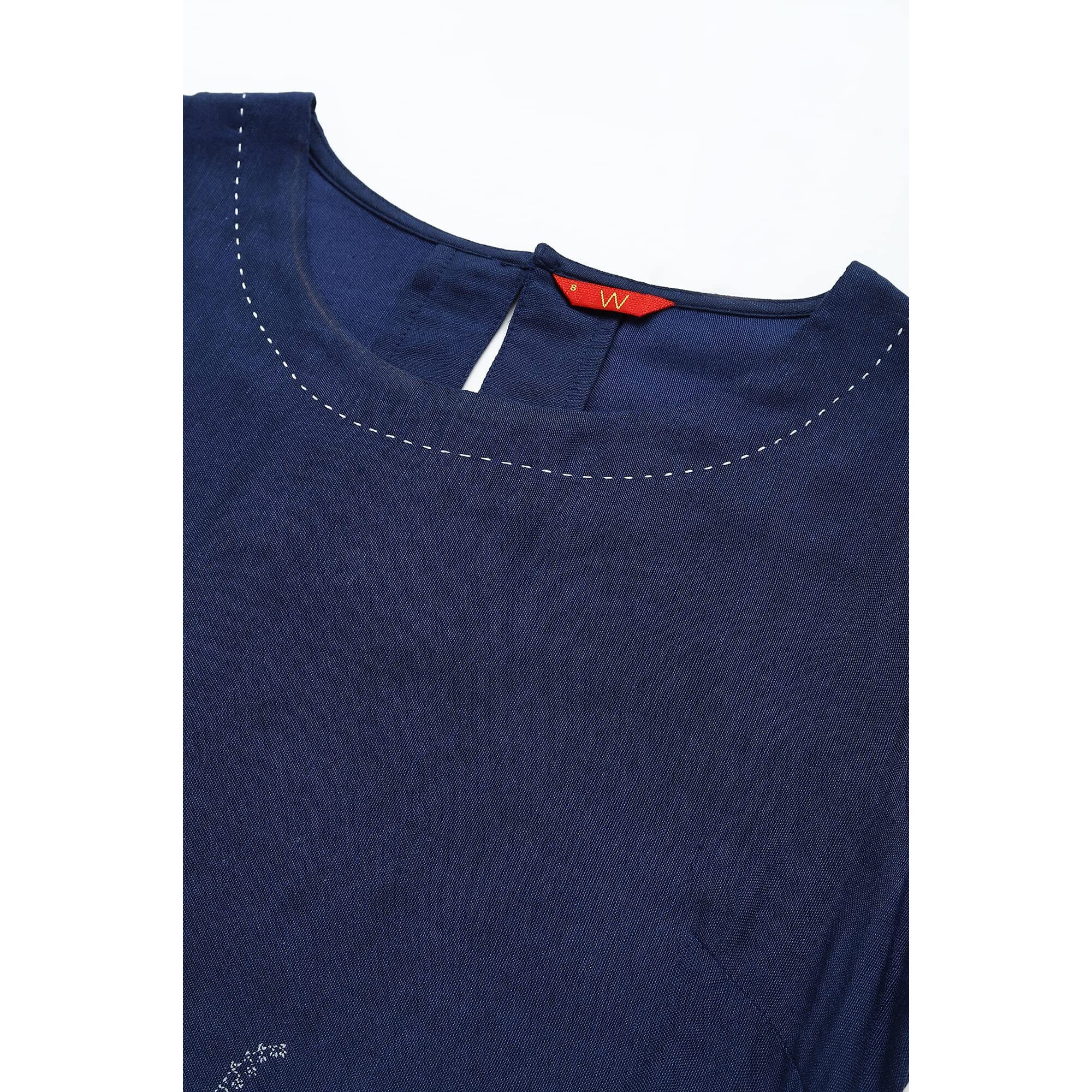 W For Woman Women Dark Blue Floral Regular Fit Kurta With Kantha Details_22Auw18087-118625_M