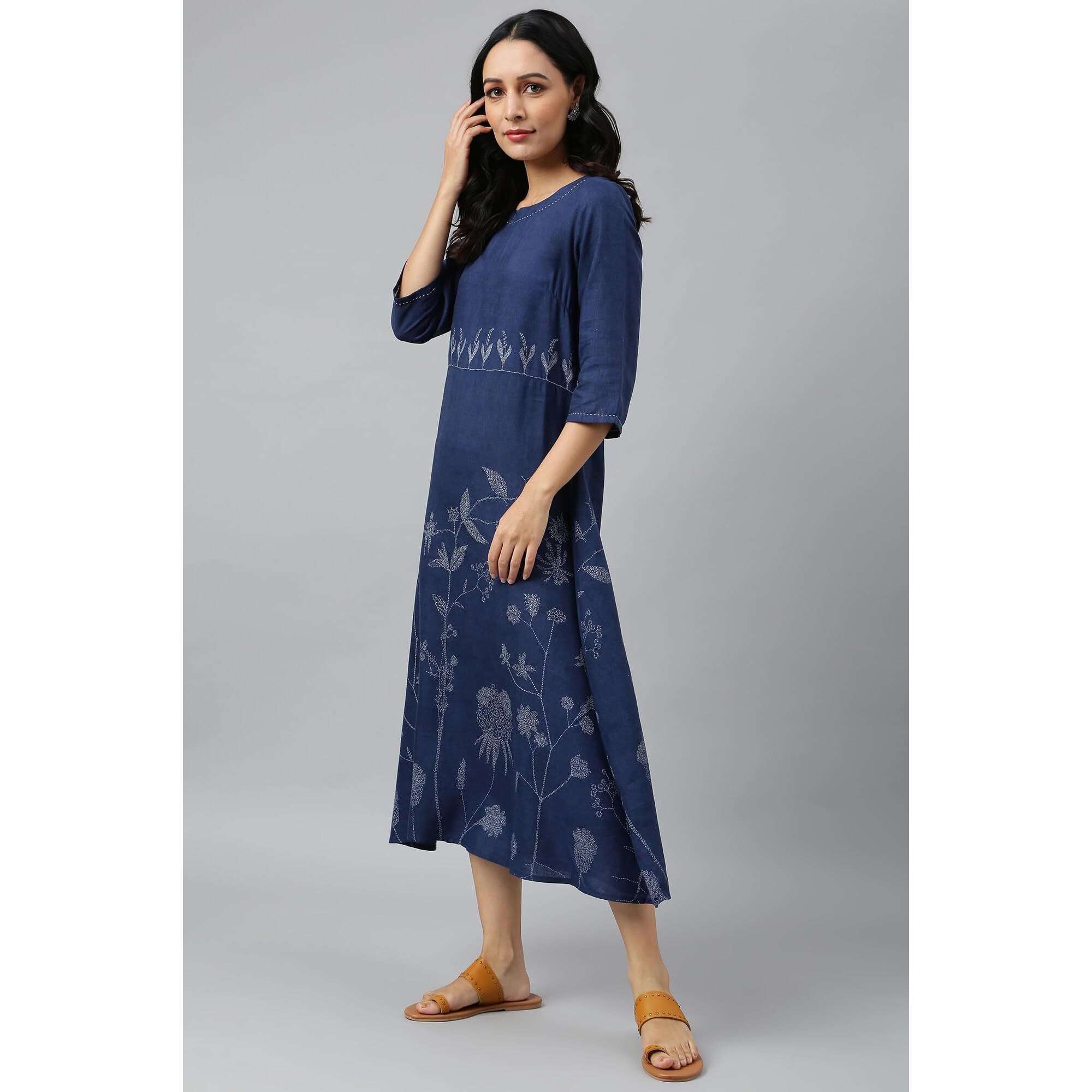 W For Woman Women's Dark Blue Floral Regular Fit Kurta With Kantha Details_22Auw18087-118625_Xs_6