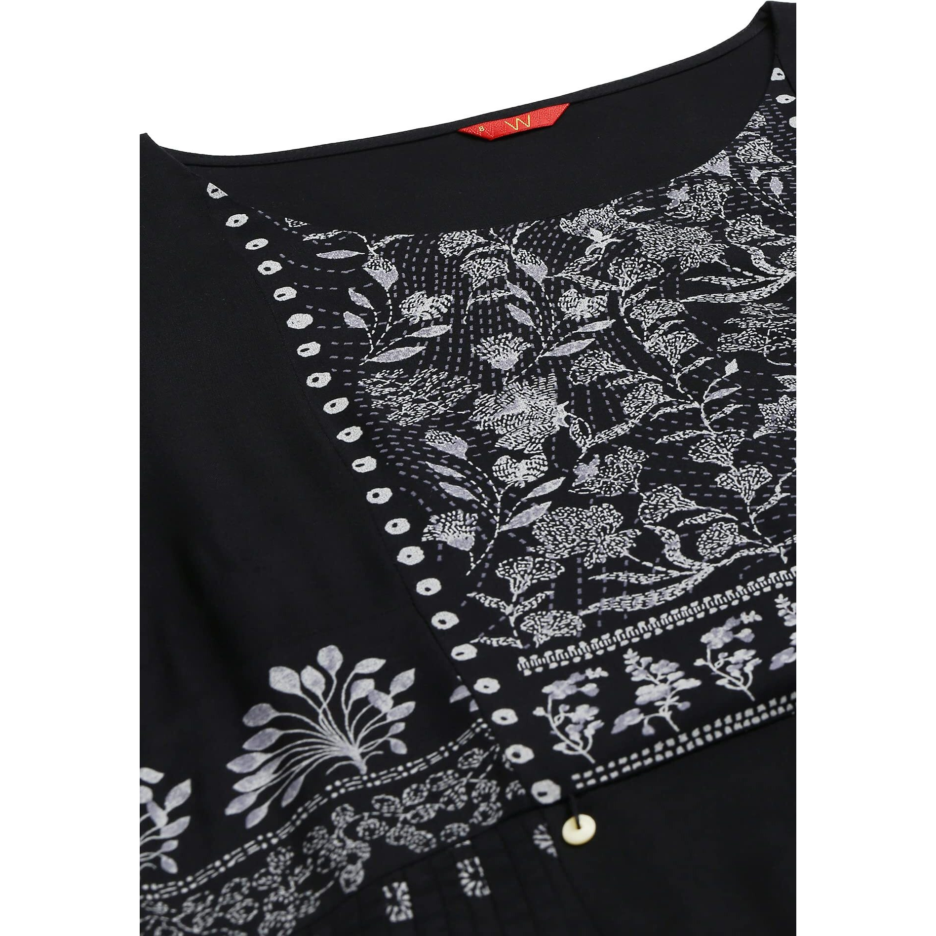 W For Woman Black Floral Side Pleated Kurta In Round Neck