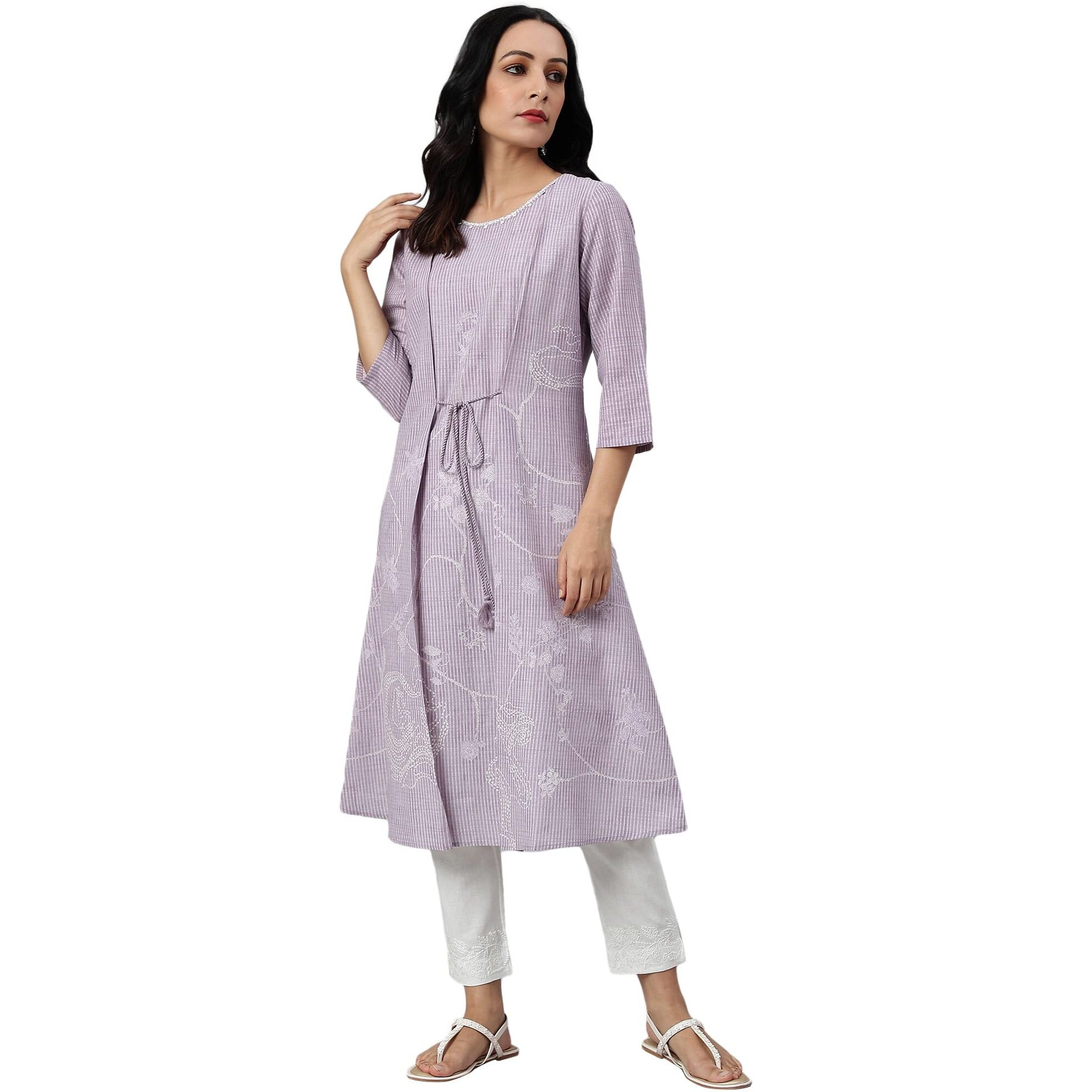 W For Woman Purple Floral Printed Cotton Regular Kurta With Thread Embroidery