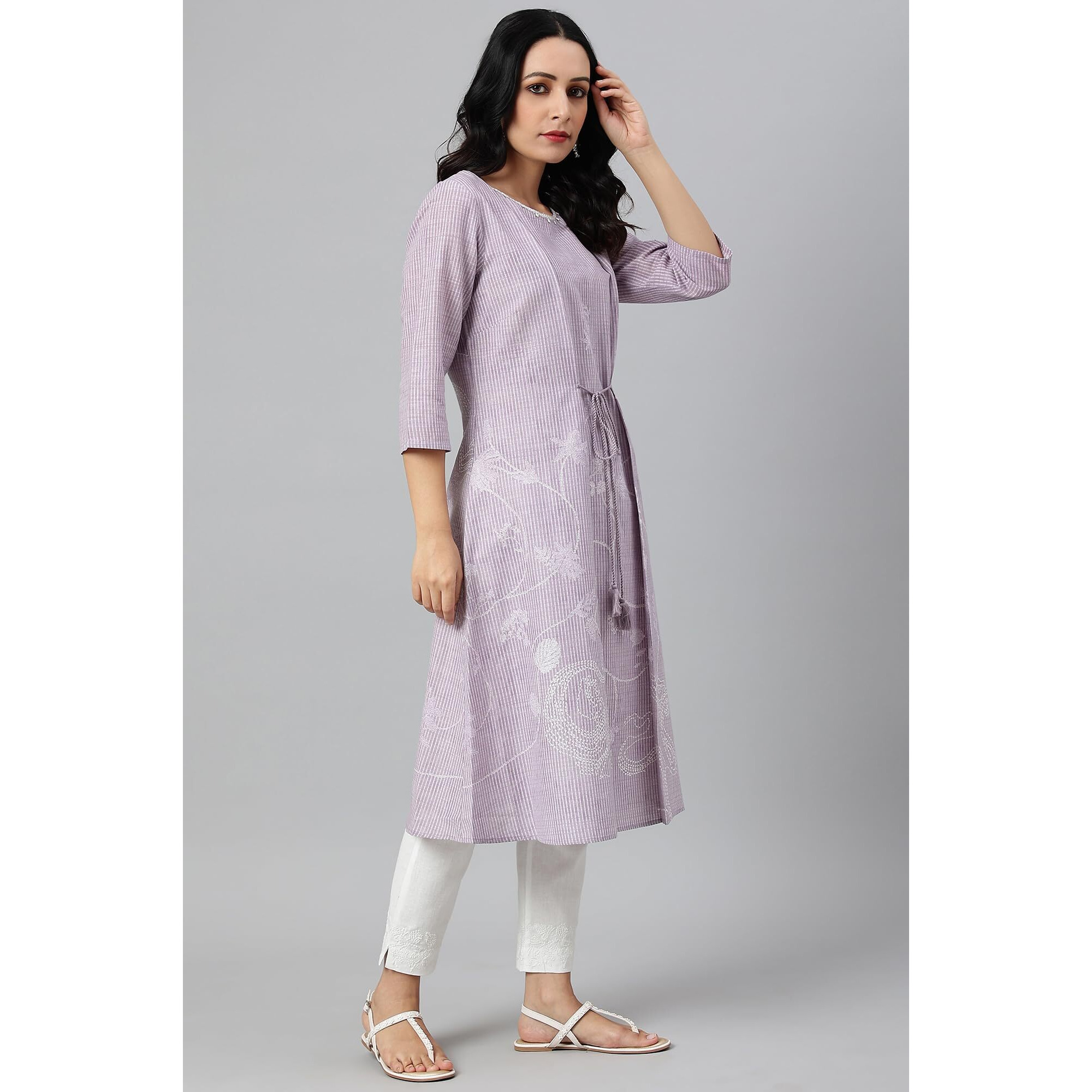W For Woman Purple Floral Printed Cotton Regular Kurta With Thread Embroidery