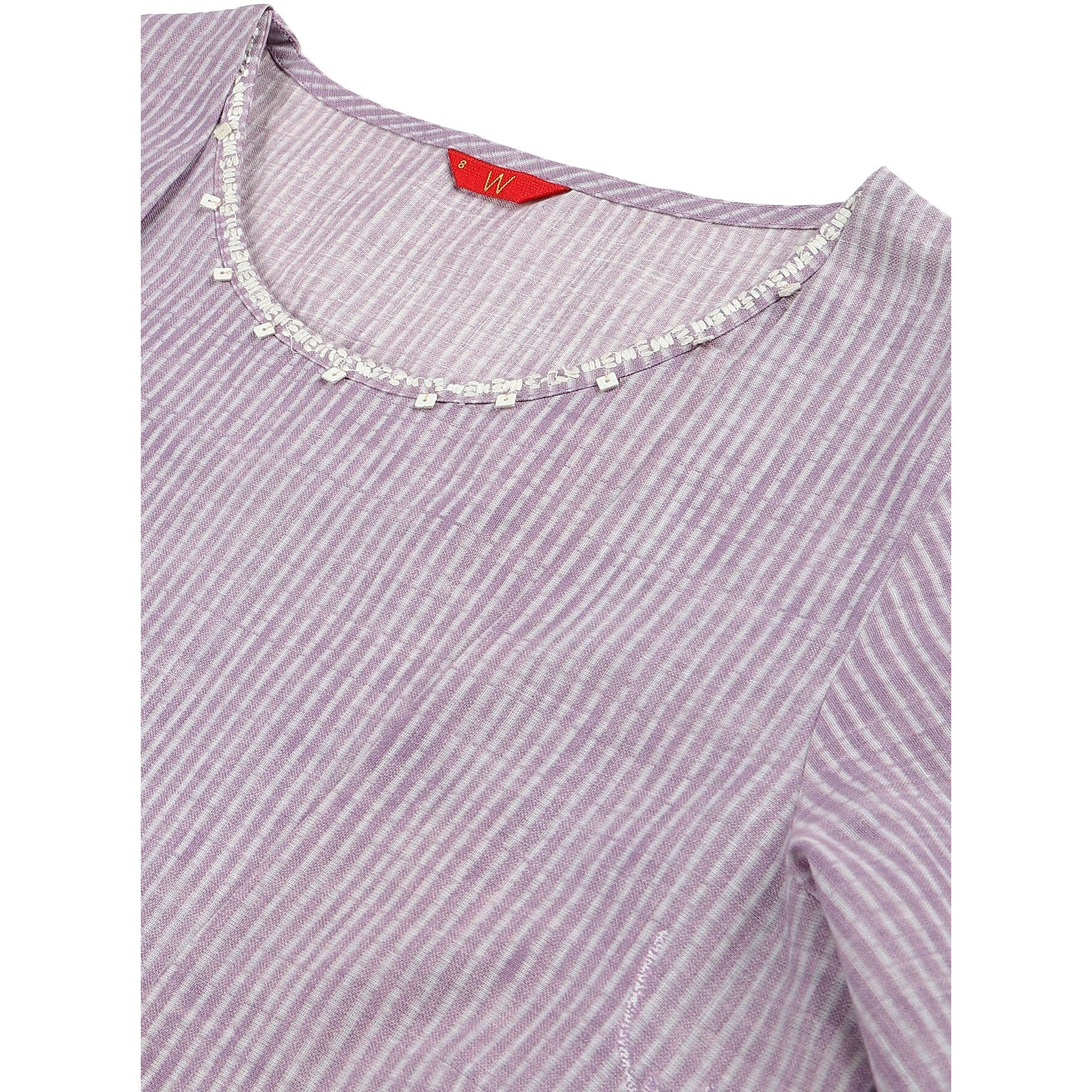 W For Woman Purple Floral Printed Cotton Regular Kurta With Thread Embroidery