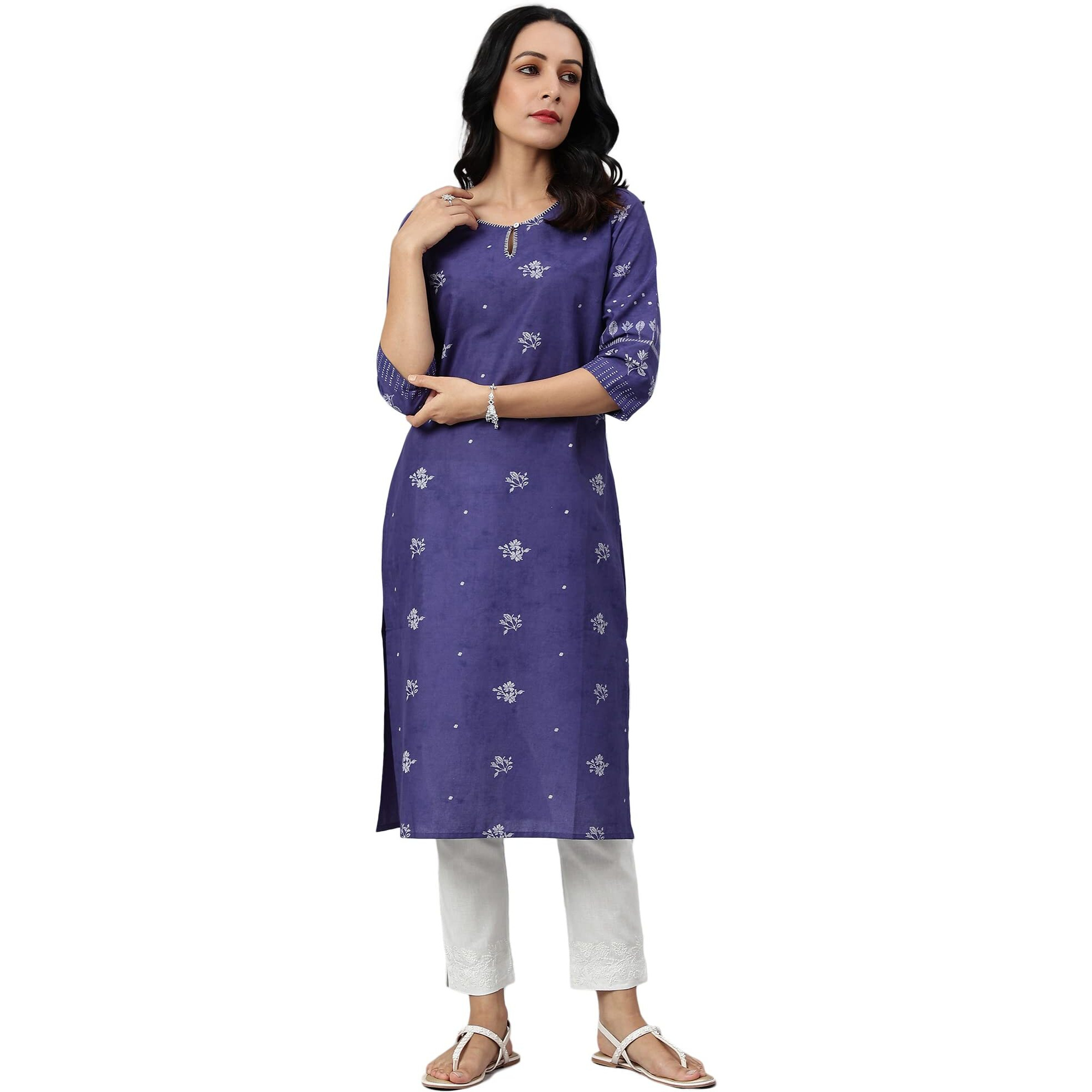 W For Woman Blue Floral Print Kurta With Embroidered Neck
