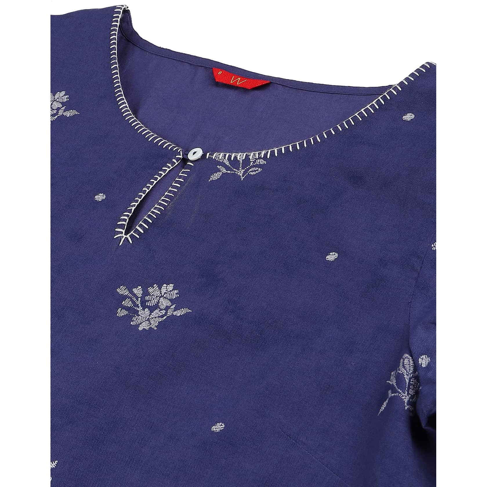 W For Woman Blue Floral Print Kurta With Embroidered Neck