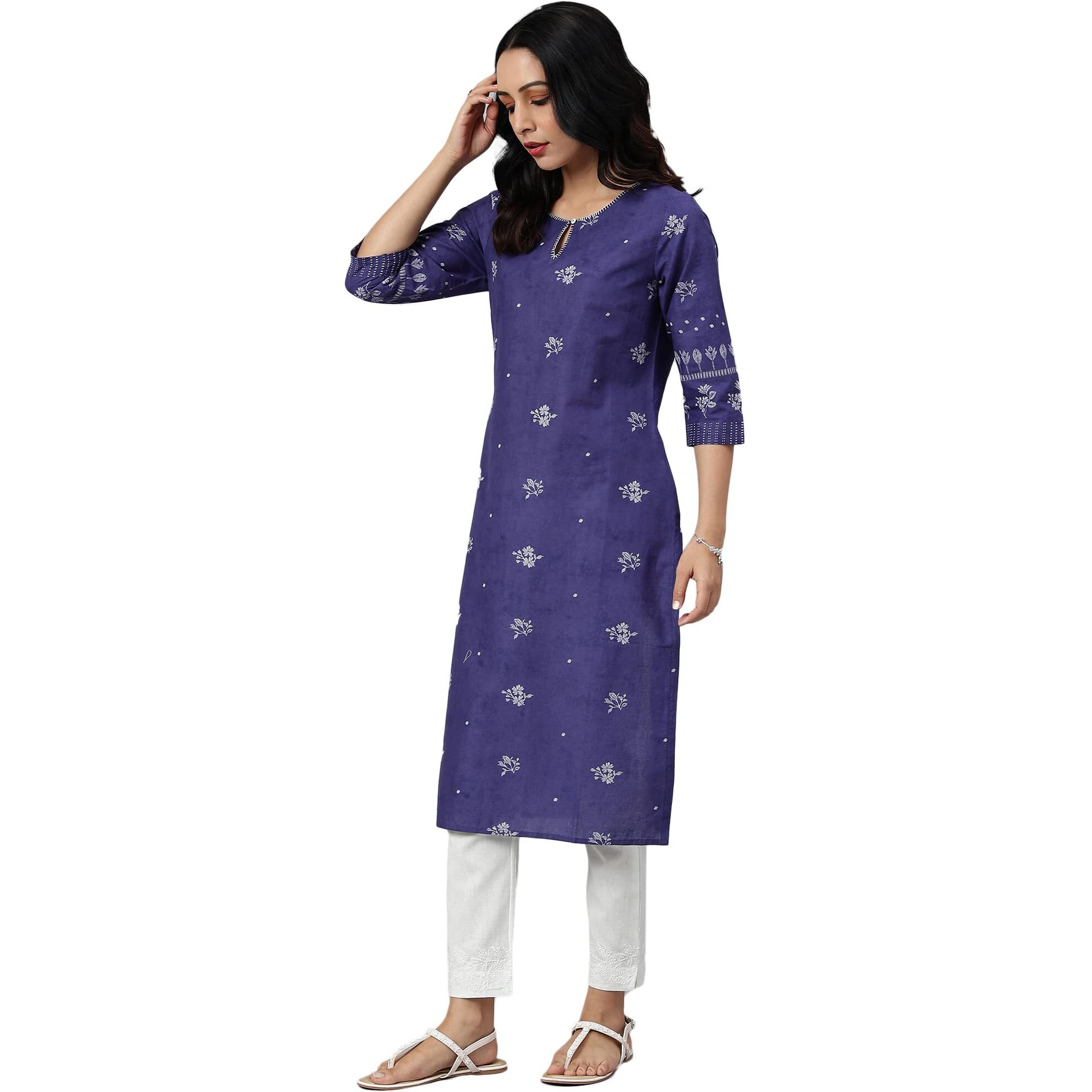 W For Woman Blue Floral Print Kurta With Embroidered Neck