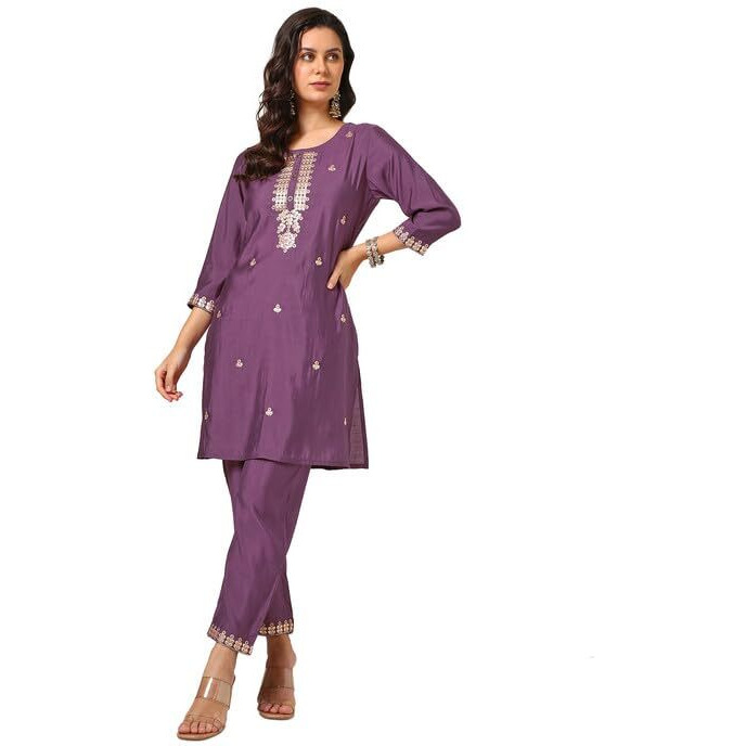 Soch Womens Purple Muslin Blend Embroidered Kurta Set With Gotta Patti