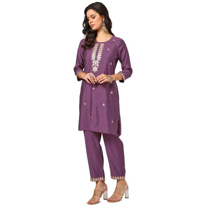 Soch Womens Purple Muslin Blend Embroidered Kurta Set With Gotta Patti