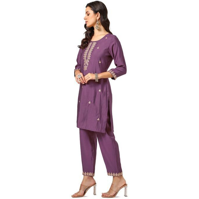 Soch Womens Purple Muslin Blend Embroidered Kurta Set With Gotta Patti