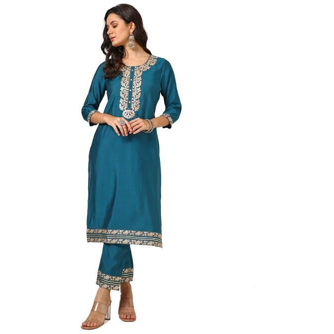 Soch Womens Teal Green Muslin Blend Embroidered Kurta Set With Gotta Patti