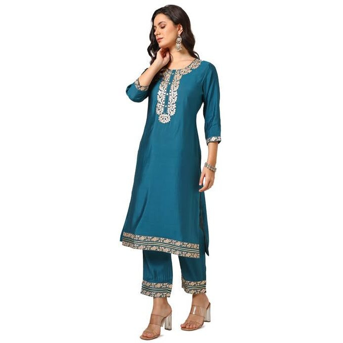 Soch Womens Teal Green Muslin Blend Embroidered Kurta Set With Gotta Patti