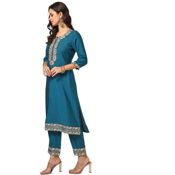 Soch Womens Teal Green Muslin Blend Embroidered Kurta Set With Gotta Patti
