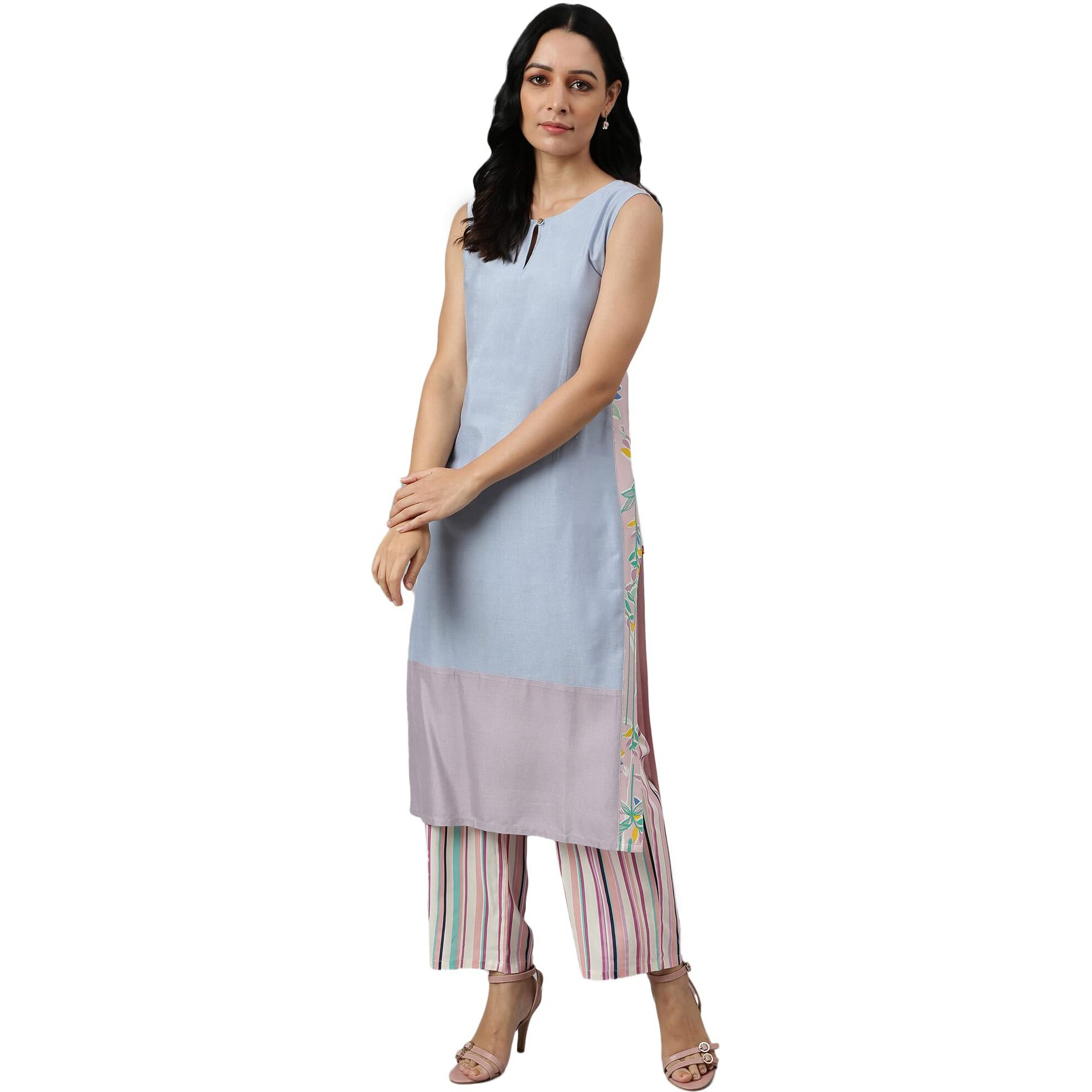 W For Woman Blue Color Block Rayon Blend Regular Kurta