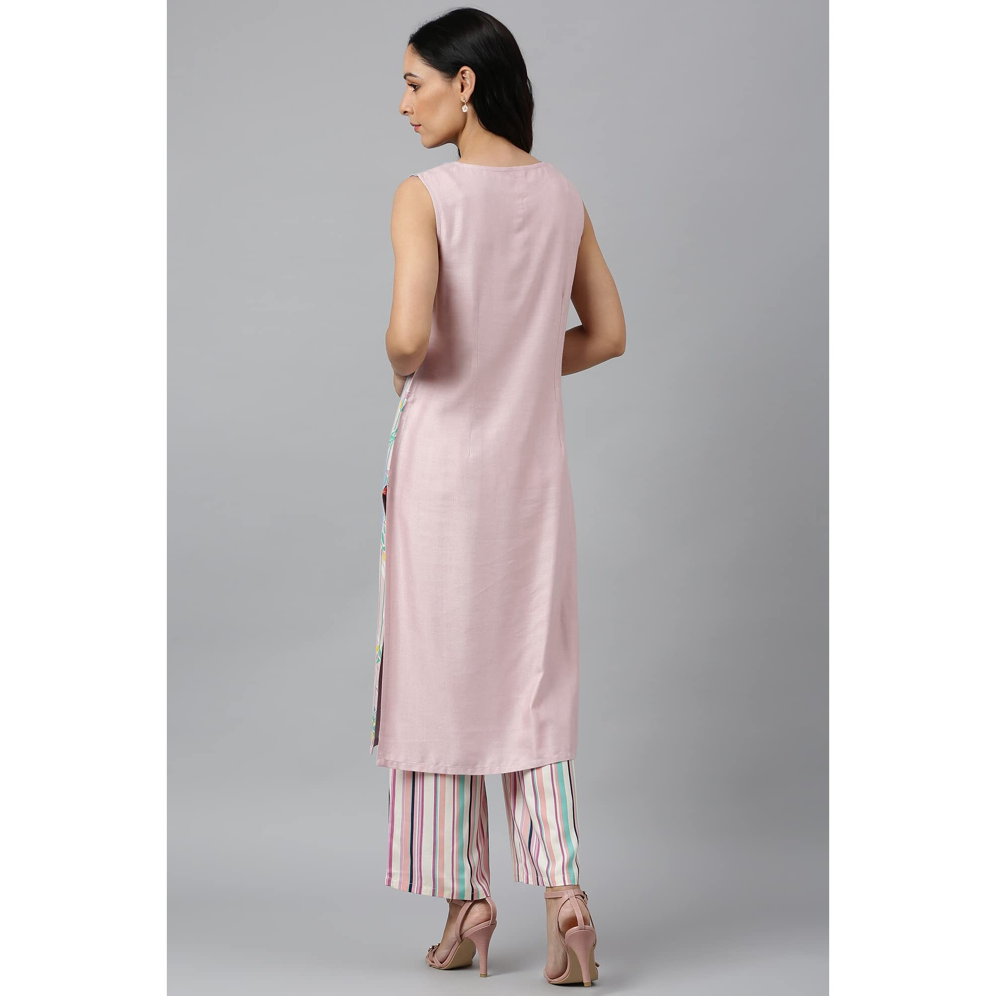 W For Woman Blue Color Block Rayon Blend Regular Kurta