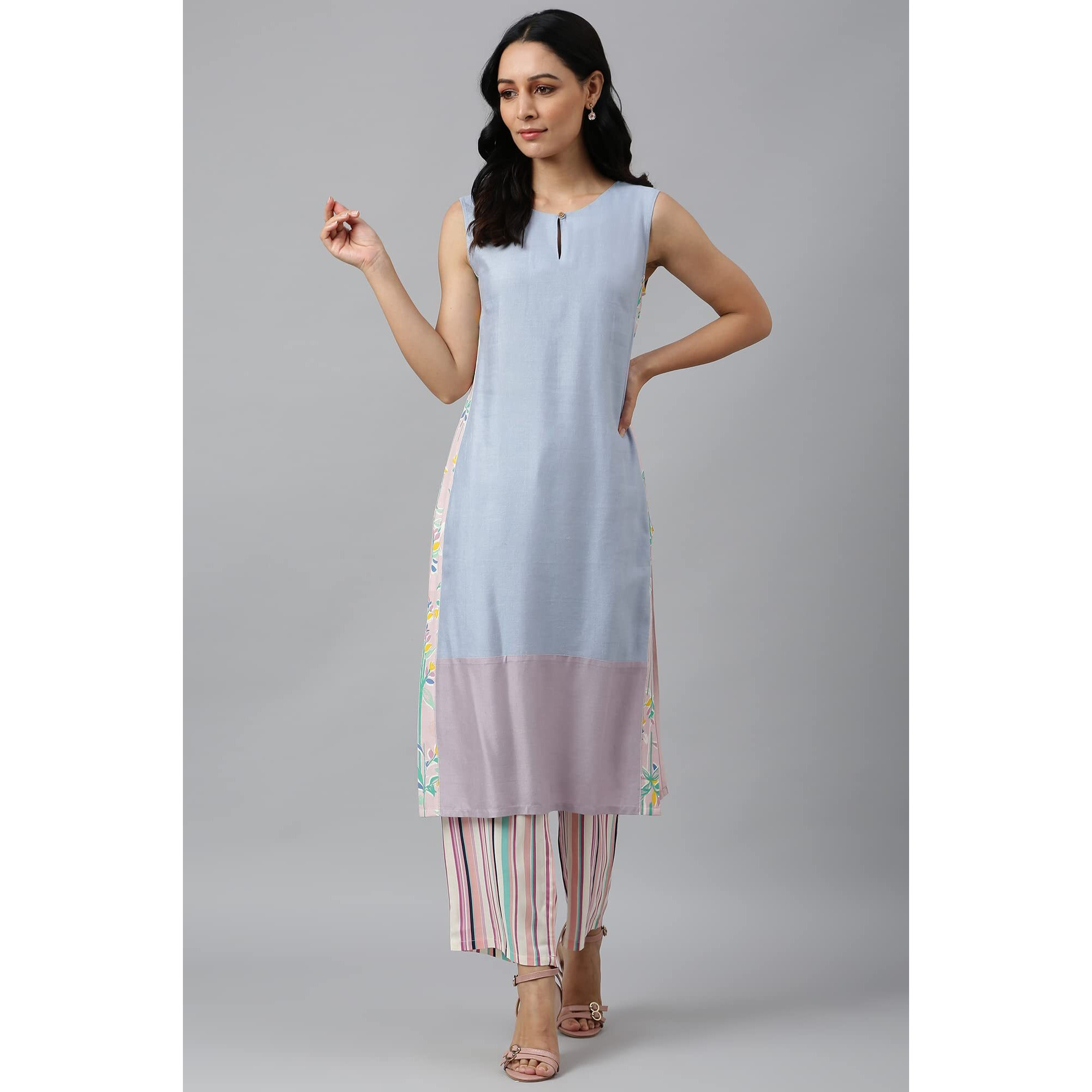 W For Woman Blue Color Block Rayon Blend Regular Kurta