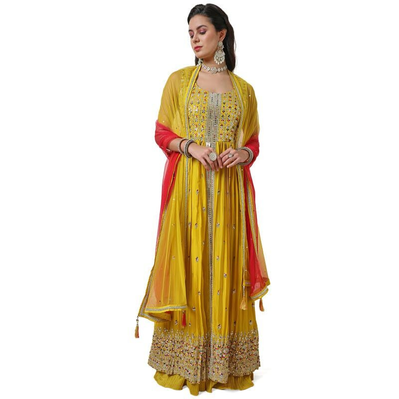 Soch Womens Yellow Sequin Embellished Georgette Blend Ethnic Gown