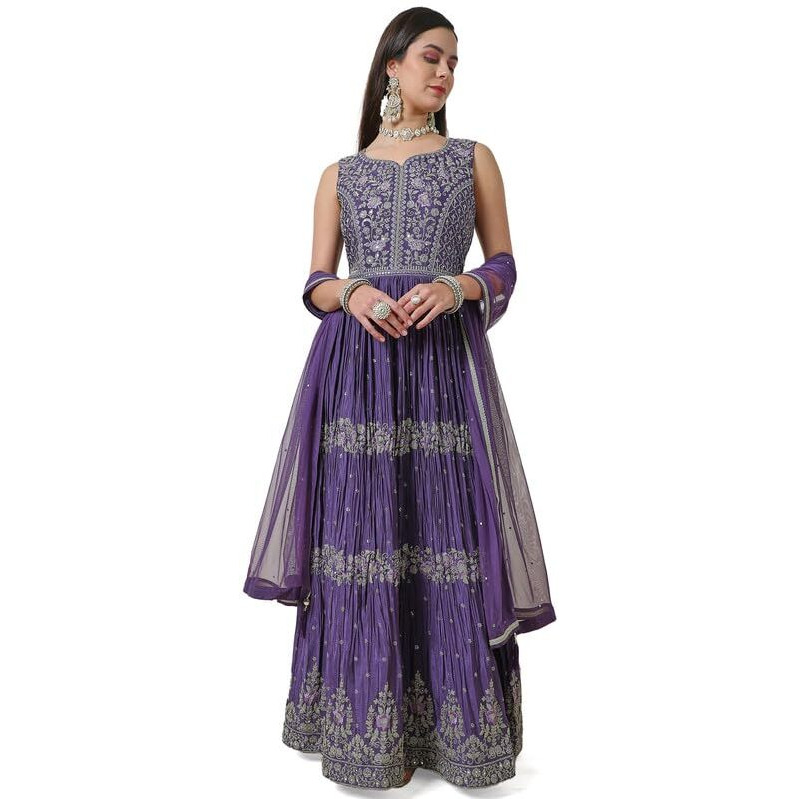 Soch Womens Purple Zari Embroidered Chinon Blend Ethnic Gown