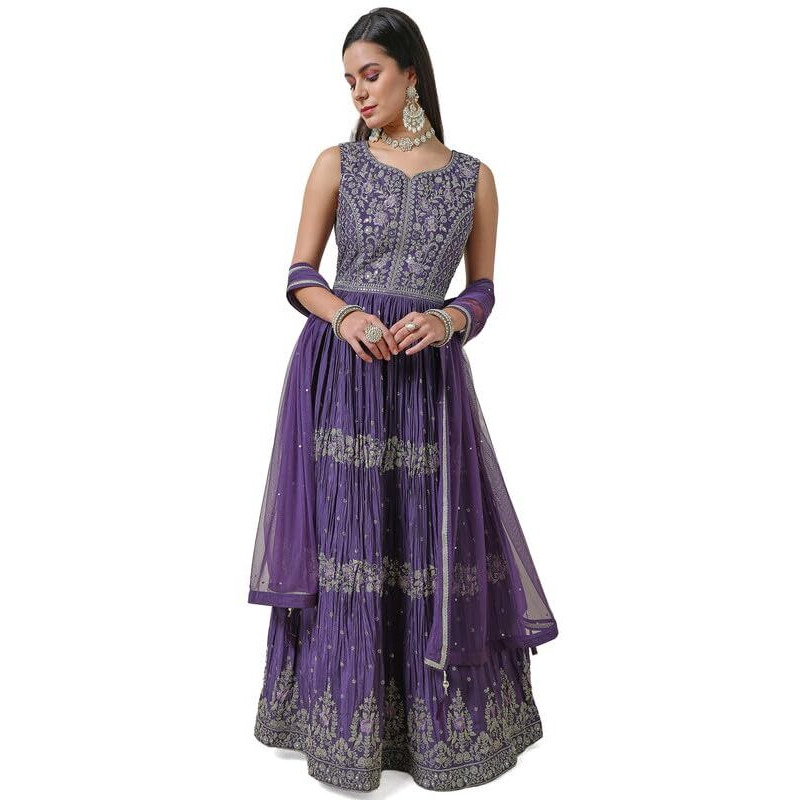 Soch Womens Purple Zari Embroidered Chinon Blend Ethnic Gown