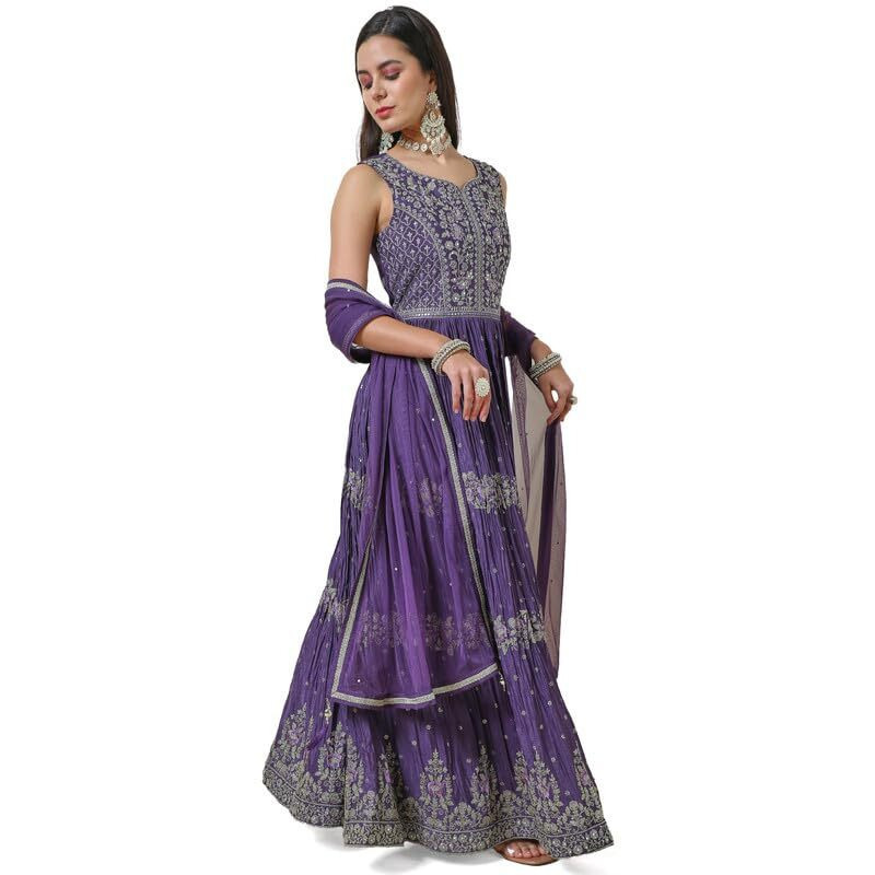 Soch Womens Purple Zari Embroidered Chinon Blend Ethnic Gown