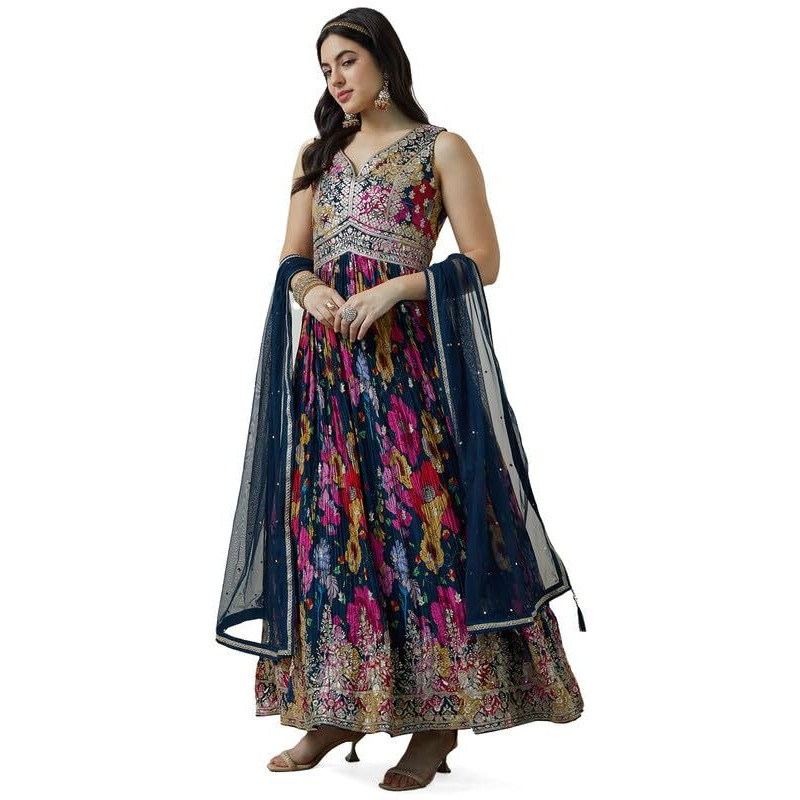 Soch Womens Navy Blue Chinon Blend Botanical Print Alia Cut Gown