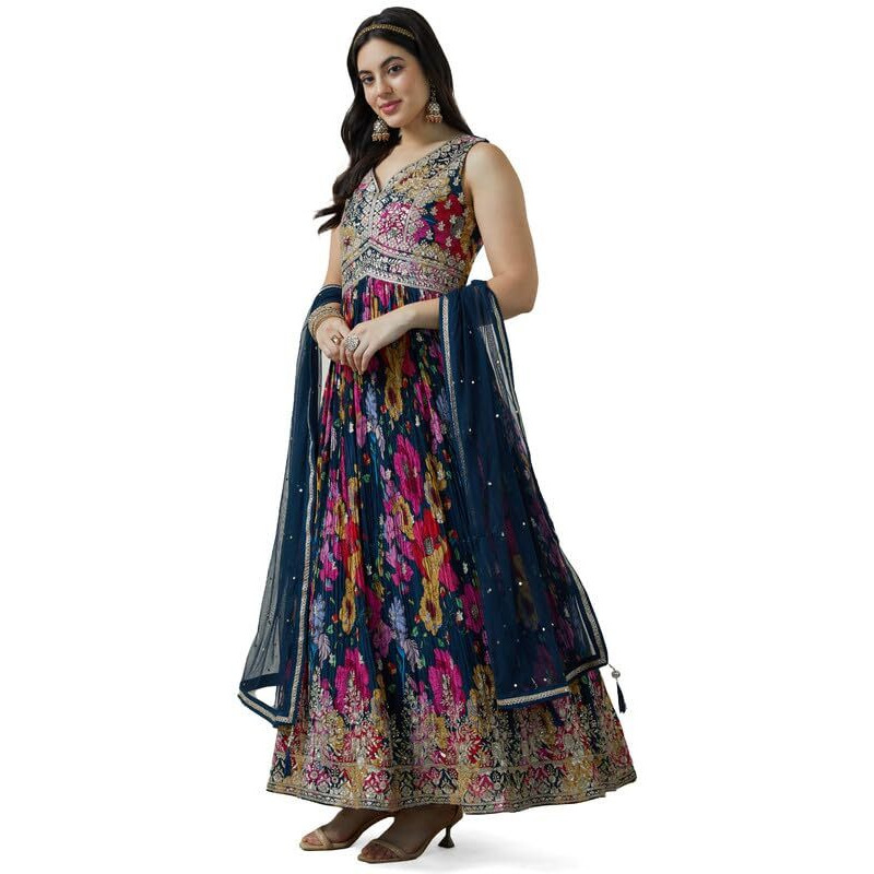 Soch Womens Navy Blue Chinon Blend Botanical Print Alia Cut Gown