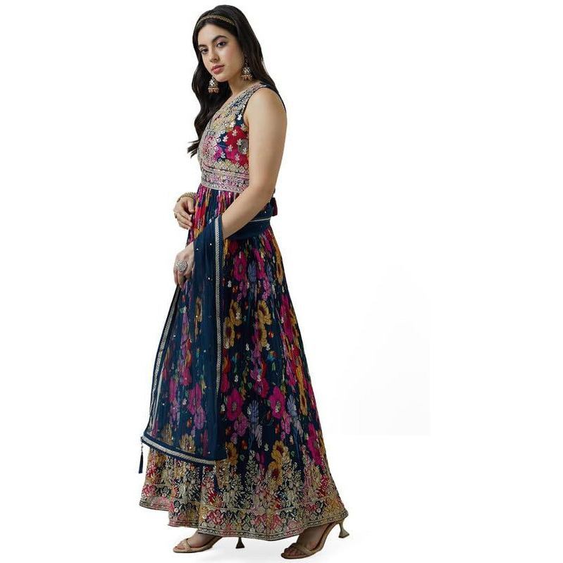 Soch Womens Navy Blue Chinon Blend Botanical Print Alia Cut Gown