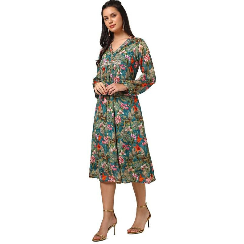 Soch Womens Teal Chinon Floral Print Dress With Sequence Work
