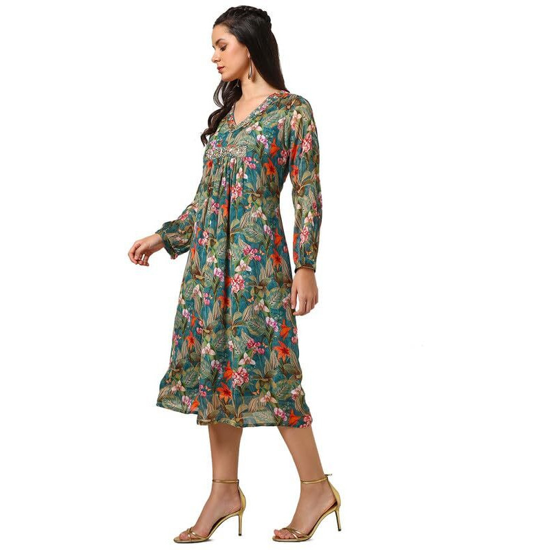 Soch Womens Teal Chinon Floral Print Dress With Sequence Work