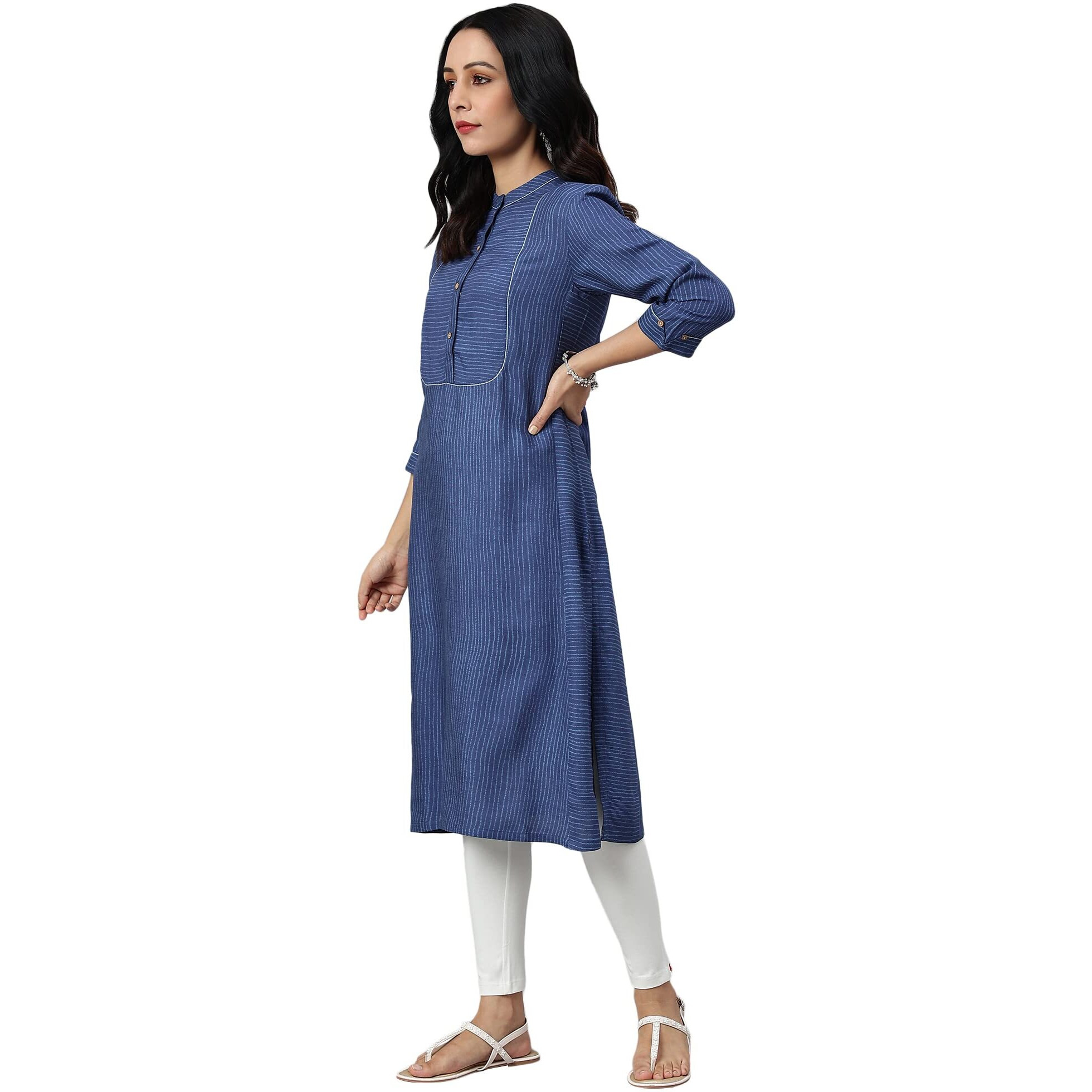 W For Woman Blue Thread Embroidered Rayon Kurta