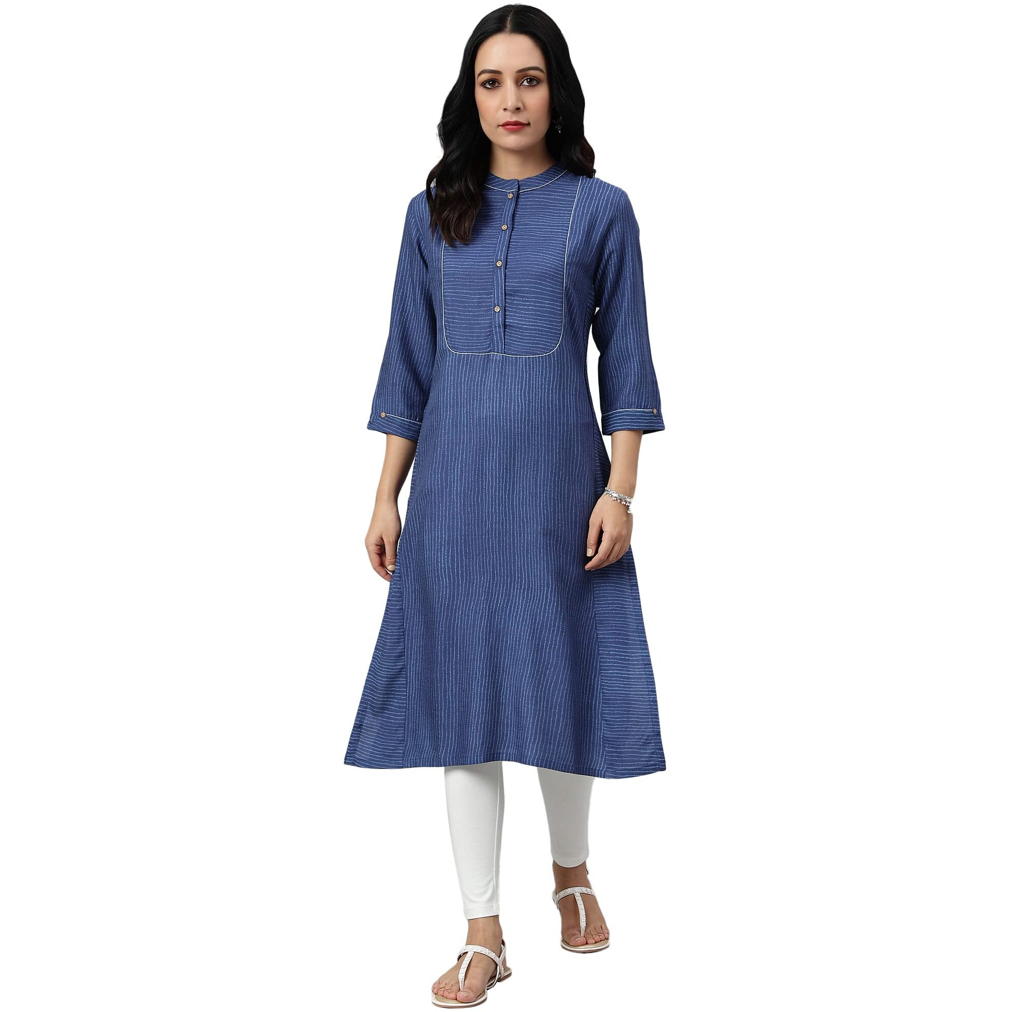 W For Woman Blue Thread Embroidered Rayon Kurta