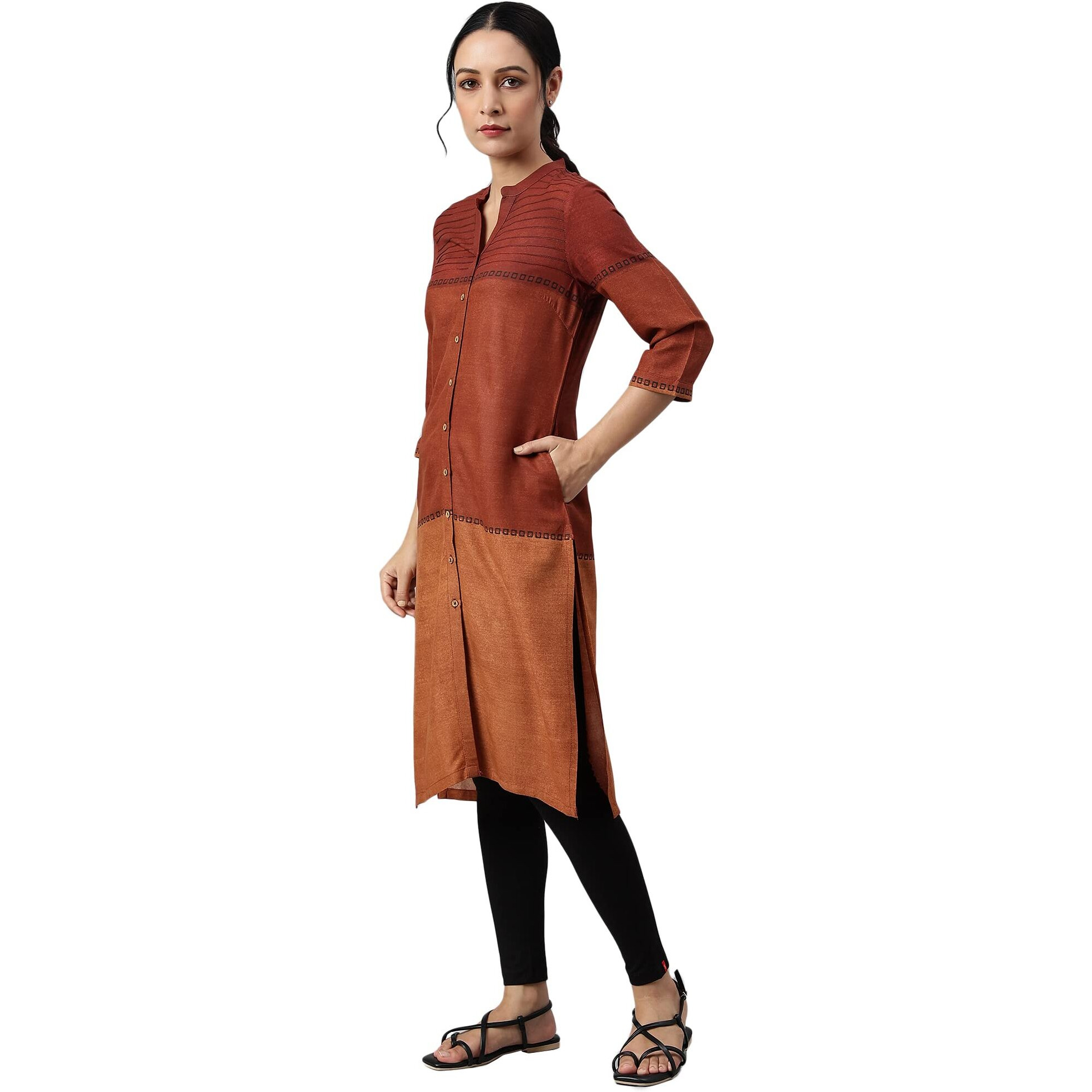 W For Woman Red Pintuck Colour Block Kurta