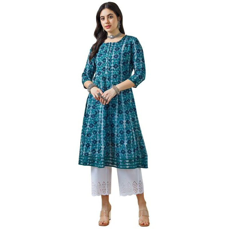 Soch Womens Teal Ajrak Print Cotton Slub Panelled Kurta