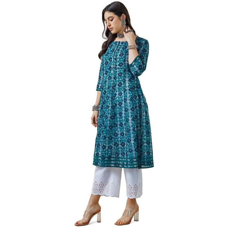 Soch Womens Teal Ajrak Print Cotton Slub Panelled Kurta