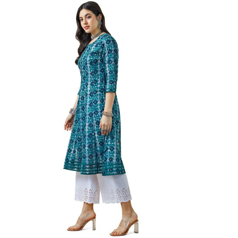 Soch Womens Teal Ajrak Print Cotton Slub Panelled Kurta
