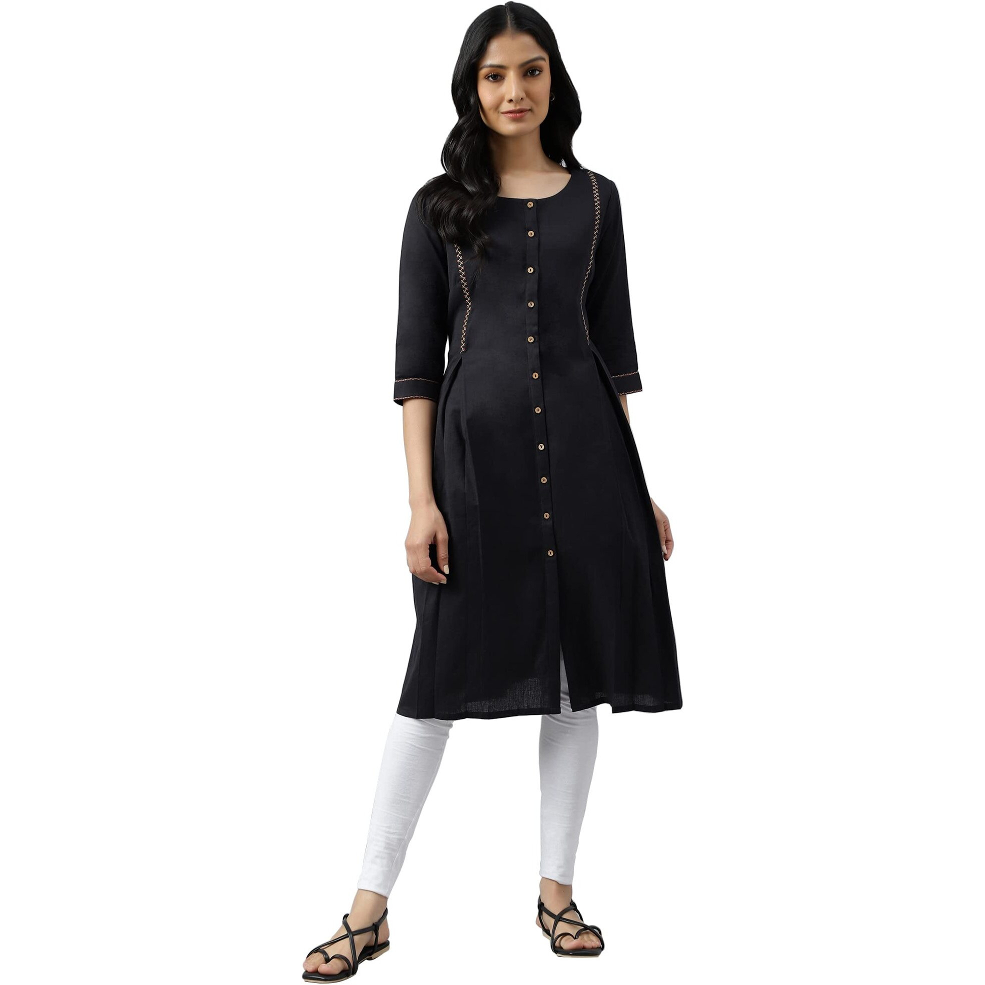 W For Woman Black Cotton Blend Solid Regular Kurta With Embroidery