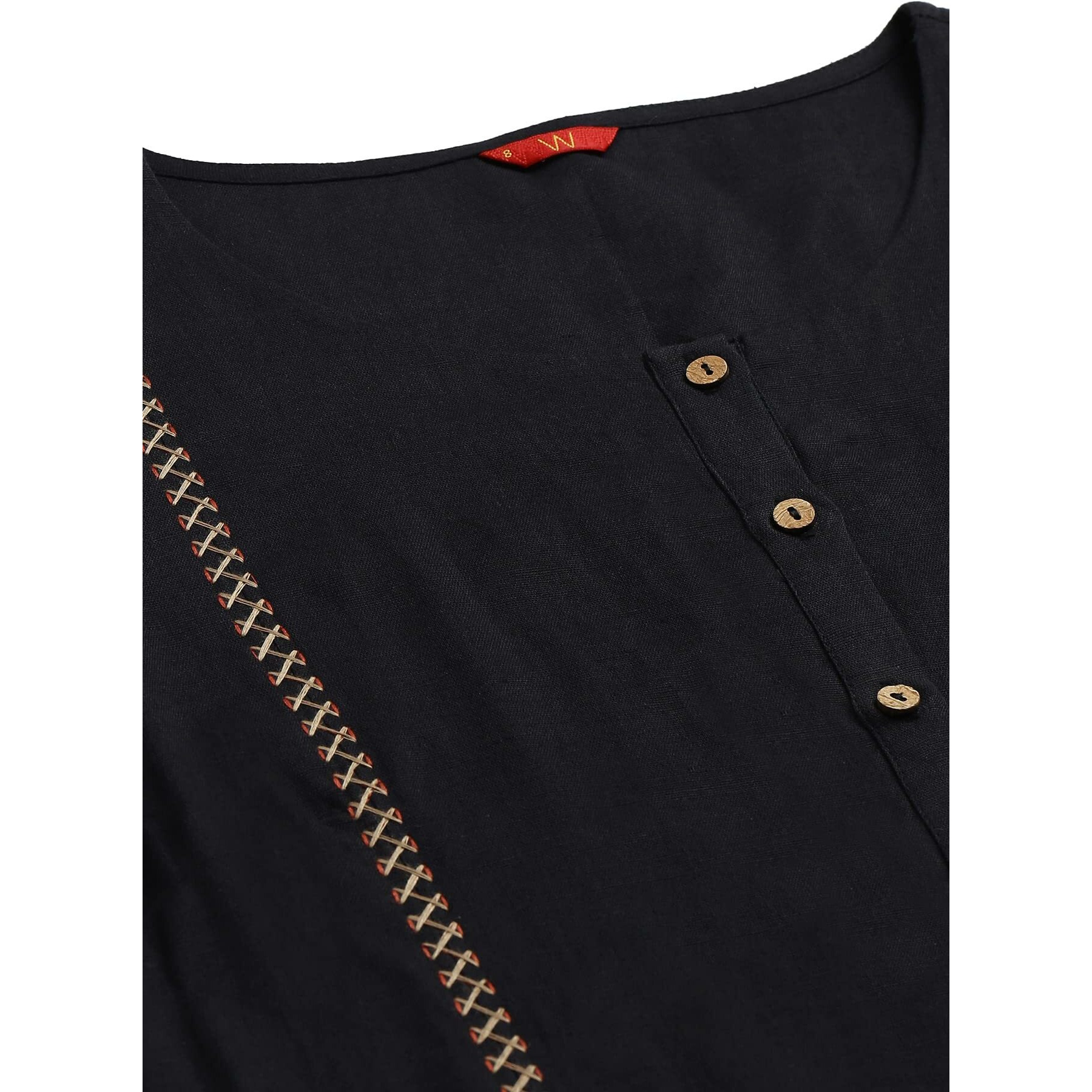 W For Woman Black Cotton Blend Solid Regular Kurta With Embroidery
