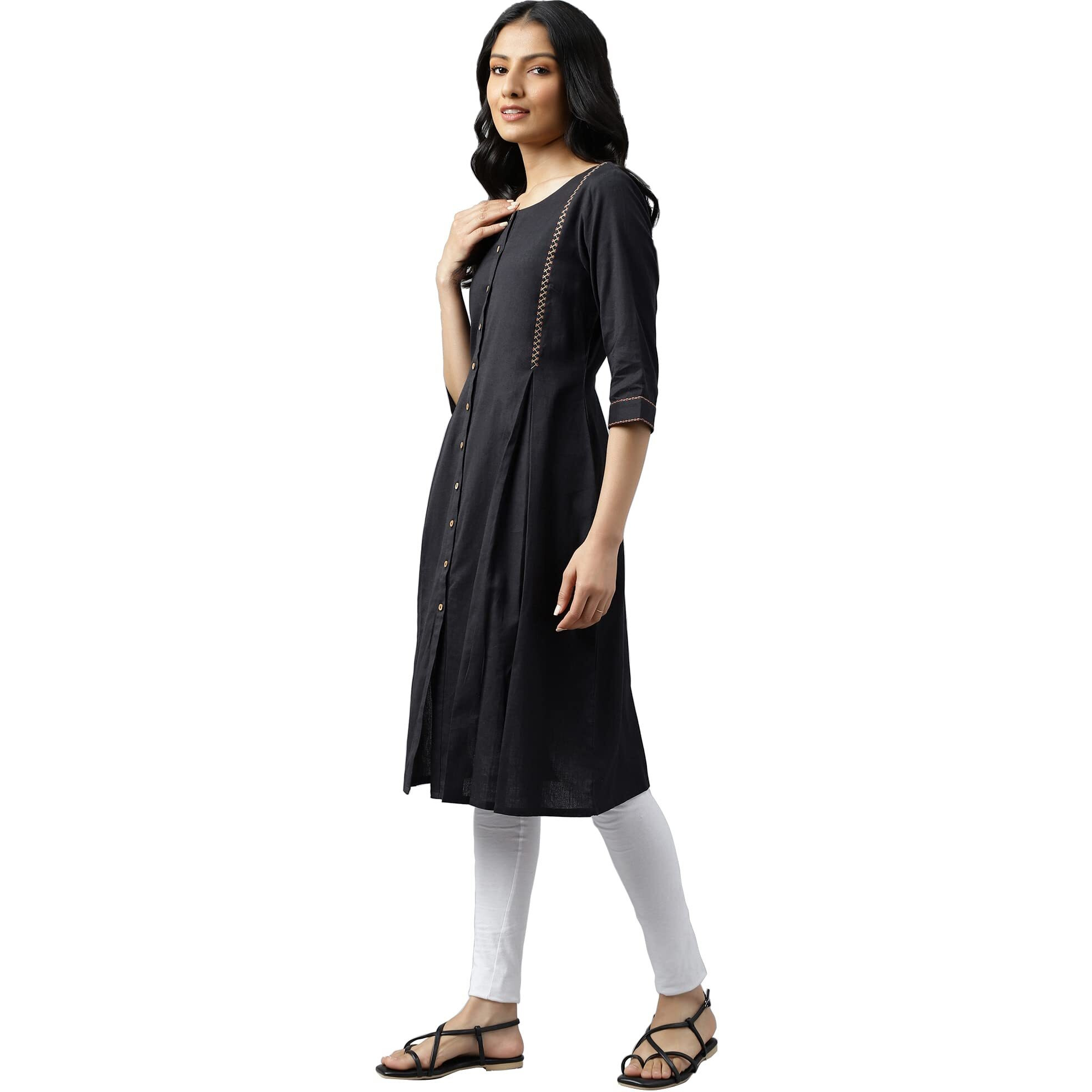W For Woman Black Cotton Blend Solid Regular Kurta With Embroidery