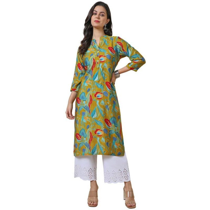 Soch Womens Mustard Muslin Blend Mandarin Collar Printed Kurta