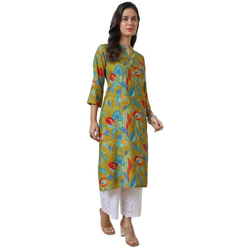 Soch Womens Mustard Muslin Blend Mandarin Collar Printed Kurta